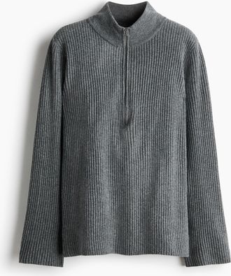 H&M Gerippter Pullover mit Kurzreissverschluss - Graumeliert