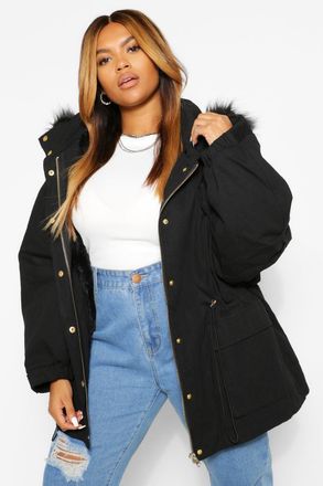 Boohoo Womens Plus Faux Fur Lined Hooded Parka Coat - Black - Size 22 UK