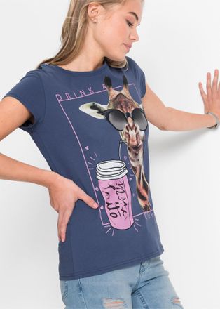 Bonprix T-Shirt BONPRIX, Damen, Gr. 52/54 (XXL), blau (indigo bedruckt), Obermaterial: 100% Baumwolle, loose fit, Shirts T-Shirt, lockere Passform, Kurzarm, m