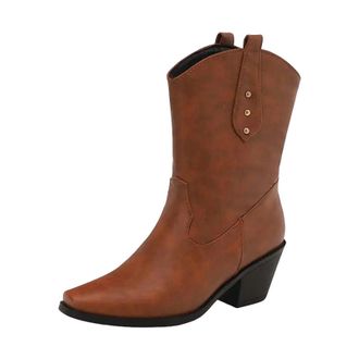 Generic Womens Western Style Mid Calf Boots Square Toe High Block Heel With Rivet Details Slip On For Daily Casual Wear