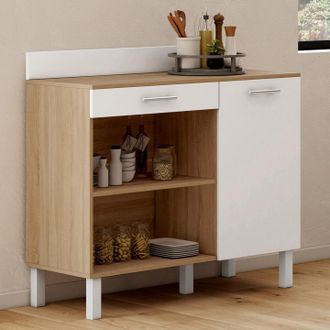 IDMarket Aparador Bajo De Cocina 100 Cm Encimera Cina H.83 Cm 1 Puerta + 1 Caj&oacute;n Acabado Haya Y Blanco