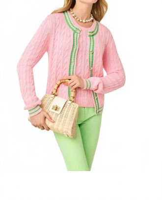 Lilly Pulitzer Brockton Crew Neck Cardigan In Conch Shell Pink X Jackfruit Green Tipping