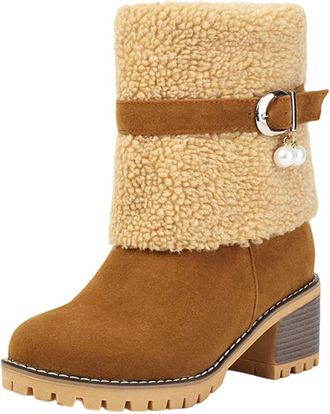 Generic Winter Boots For Women UK, Womens Ankle Boots, Warm Fleece Snow Booties Fashion Belt Buckle Chunky Block Heels Booties Casual Non-Slip Sole Winter Sho