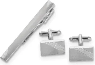 Diamond2Deal Rhodium-plated Satin Finish Striped Design Cuff Link and Tie Bar Set