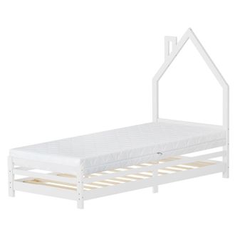 ML Design Ml-design - Cama Infantil Blanca 90 X 200 Cm En Forma De Casa Con Colch&oacute;n 16 Cm, Cuna Individual De Madera De Pino Con Somier De L&aacute;minas Y Dise&ntilde;o De C