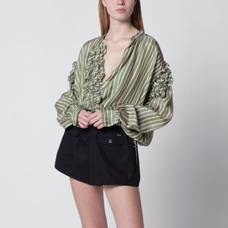 Dries Van Noten Camicia incrociata verde a righe in cupro