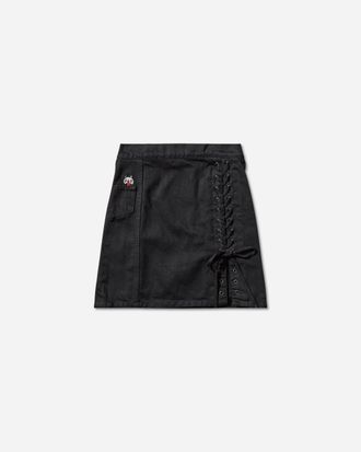 Hysteric Glamour Women s Apple Panda Embroidered Side Lace-Up Denim Mini Skirt Black