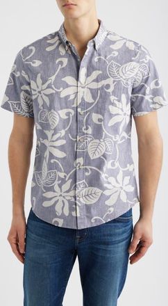 Reyn Spooner Tiare Pareau Floral Cotton Button-Down Shirt in Cadet at Nordstrom, Size Xx-Large