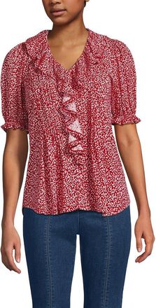 Lands End Puff Sleeve Slub Ruffle Pintuck Top in Red Ditsy Floral at Nordstrom, Size X-Small