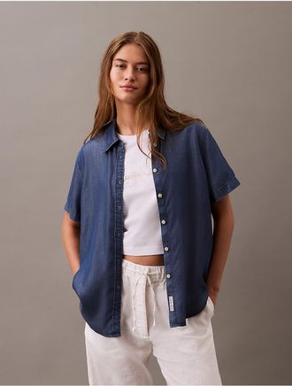 Calvin Klein Jeans Calvin Klein Womens Lyocell Button-Down Short Sleeve Shirt - Blue - XS