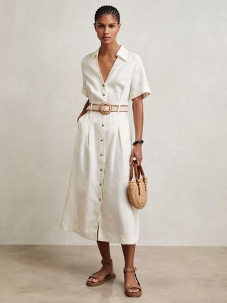 Reiss Anita Petite Linen Belted Midi Shirt Dress, 16, Cream