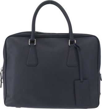 Prada Convertible Zip Around Saffiano Leather Navy Leather Briefcase Bag (Pre-Owned)