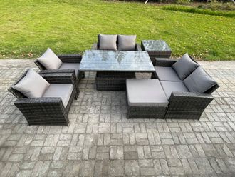 Fimous Rattan Garden Furniture Sets 7 Seater Patio Outdoor Rising Lifting Table Sofa Set with Double Seat Sofa Side Table in Dark Grey