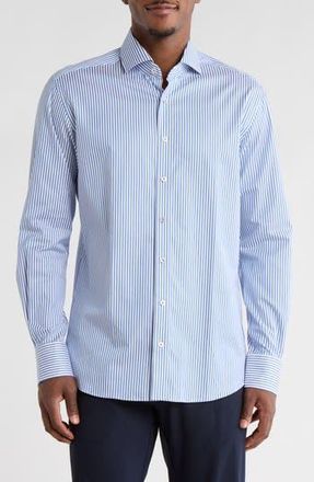 Eterna Modern Fit Pique Stripe Button Front Shirt in Blue at Nordstrom Rack, Size 16.5 - L