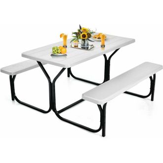 Costway Tavolo da Campeggio con Sedie, da 4 Posti, 137 x 150 x 72cm, Set Tavolino Picnic hdpe Struttura in Metallo, per Picnic Cortile Barbecue (bianco)