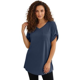 Roaman's Plus Size Slub V-Neck Boyfriend Tunic Top in Navy at Nordstrom, Size Medium