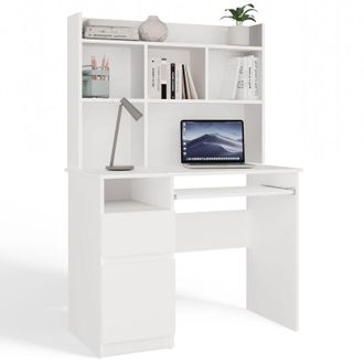 Topeshop PORTO SINISTRA - Scrivania 98&times;51&times;145 cm con 3 cassetti e ripiani, con mensola superiore per ufficio / camera da letto - Bianco