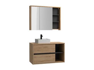 Vente-Unique Mueble de ba&ntilde;o suspendido con lavabo cuadrado y armario de ba&ntilde;o color natural - 100 cm - PURNAL