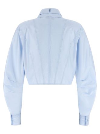 Elisabetta Franchi Cropped Bustier Cotton Poplin Shirt - Light Blue