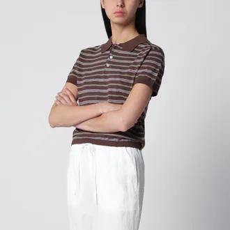 Dunst Brown/mint green striped linen-blend polo shirt