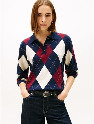 Tommy Hilfiger Womens Cotton Argyle Sweater Polo - White - S