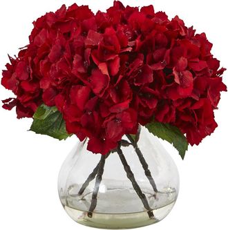 Nearly Natural H Red Hydrangea Silk Flower Arrangement With Glass Vase