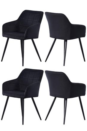 Life Interiors Set of 4 Camden Modern Velvet Dining Chairs with Armrests, Quilted Design & Black Metal Legs