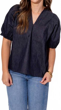 THML Clothing Split Neck Suede Ruffle Denim Top In Navy