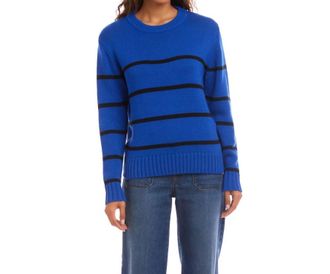 Karen Kane Stripe Crewneck Sweater In Sapphire With Black