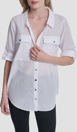 DKNY Short Sleeve Roll Tab Shirt in White at Nordstrom, Size X-Small