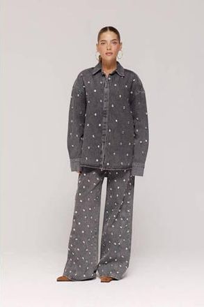 Harper & Yve wide leg jeans grey denim met parels