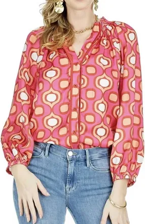 Jade Yoga Split Neck Blouse In Pink Geo