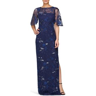 JS Collections Daphne Embroidered Sequin Column Gown in Sapphire Navy at Nordstrom Rack, Size 2