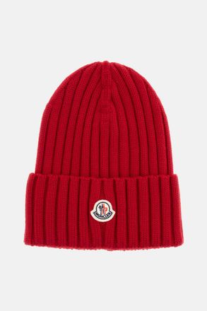 Moncler Red Logo Ribbed Beanie Hat