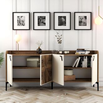 Dmora Aparador Elini, Estante 2 Niveles, 4 Compartimentos, 4 Puertas, 180x35x78h Cm Blanco Crema