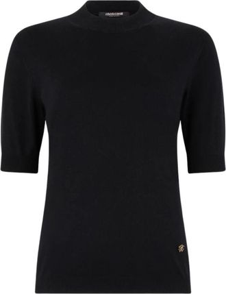 Roberto Cavalli Zwarte Mock Neck Sweater Met Monogram RC - Dames - Cashmere truien - Zwart - L - Truien & Vesten