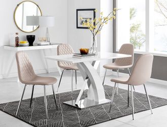 Furniturebox Atlanta White High Gloss & Chrome 4 Seater Dining Table with X Shaped Legs & 4 Faux Leather Corona Chairs in Beige