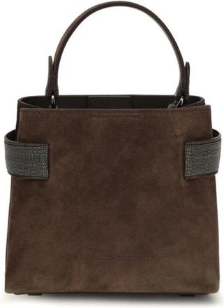 Brunello Cucinelli Su&egrave;de bucket bag met verfraaide schouderbanden - Dames - Tassen - Bruin - Maat: ONE Size Su&egrave;de