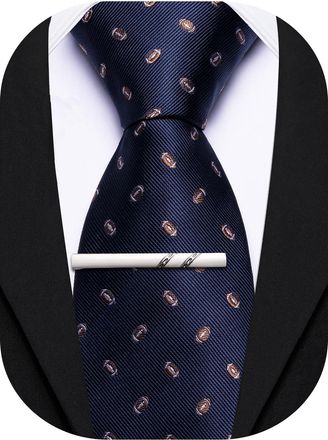 Barry.Wang Silk Ties for Men Fun Necktie and Tie Clip Set for Wedding Party Business Formal Extra Long, Rugby Navy Blue, One Size