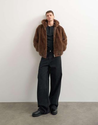 Topman giacca oversize con cappuccio in pelliccia sintetica marrone