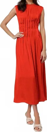 Naked Zebra Silky Pleated Midi Dress In Flame Scarlet