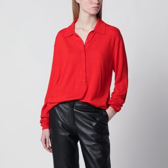Frankie Shop Tala V-neck knit polo in red wool blend