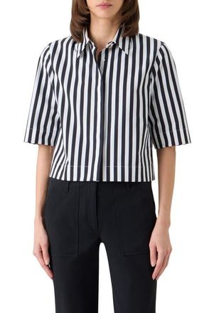 Akris Boxy Kodak Stripe Short Sleeve Cotton Poplin Button-Up Shirt in Black-Cream at Nordstrom, Size 16