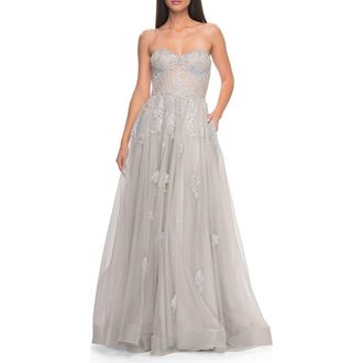 La Femme Gorgeous Lace A-Line Dress with Rhinestone Lace Details in Silver at Nordstrom, Size 12