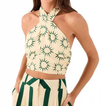 Dress To Sun Linen Crop Top In Green/beige