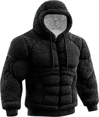 Generic Mens Flannel Hoodie Funny 3D Print Muscle Line Hooded Sweatshirt Solid Colour Long Sleeve Pullover Winter Warm Jumpers Comfy Plush Tops for Holiday Pa