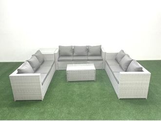 Fimous Rattan Garden Outdoor Furniture Set 9 Seater Garden Sofa Coffee Table Set with Side Table Light Grey Mixed - Fimous
