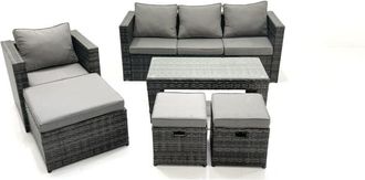 Fimous Fimous Rattan Garden Furniture Set Outdoor Lounger Sofa with Coffee Table Armchair 3 Footstools Dark Grey Mixed