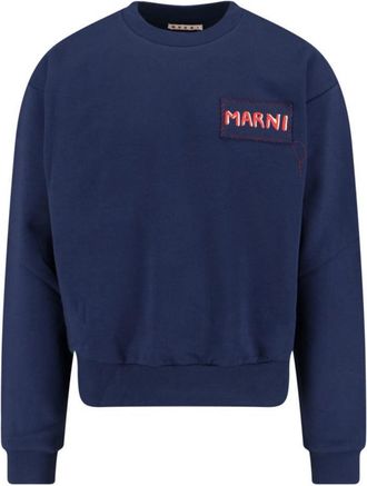 Marni Boxy Navy Blue Cropped Sweater With Bold Logo Patch