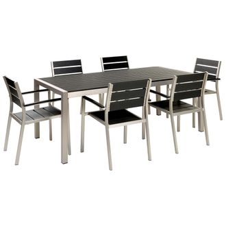 Beliani Conjunto De Jard&iacute;n 6 Plazas De Metal Madera Pl&aacute;stica Mesa Sillas Negro Y Plateado Vernio